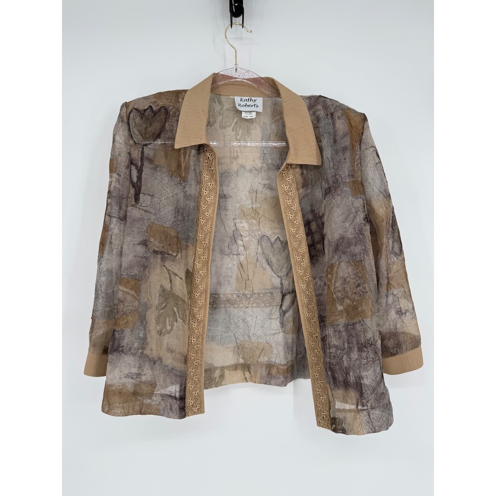 Kathy Ireland Textured‎ Floral Print Open Front Cardigan Jacket Beige Sz 10P